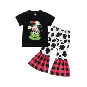 New Boutique Girls 6 Short Sleeve Cow Plaid Bellbottom Pants Set Outfit - Picture 1 of 2
