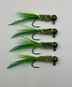 Crappie Jigs coda di piuma legata a mano Firetiger e Chartreuse 1/16 oncia nuovo - Foto 1 di 2