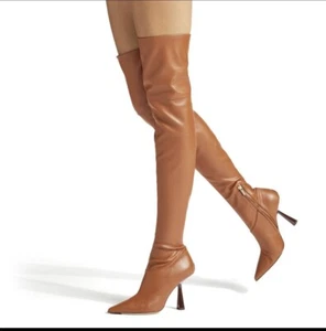 JIMMY CHOO Bryson 100 Tan Stretch Bonded Fabric Over-The-Knee Boots Tan SZ 35.5 - Picture 1 of 16