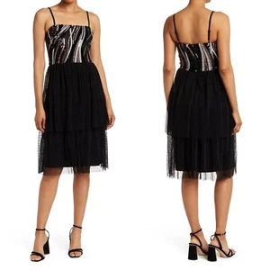 DRESS THE POPULATION Women L Kady Dress Black Tiered Sequin Tulle Swiss Dot NEW - Picture 1 of 9