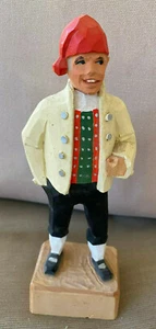 Man Figurine Norway Form Wooden Hand Carved Yellow Coat Black Pants Red Hat MCM - Picture 1 of 7