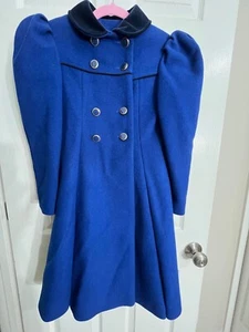 Vtg F.W Fischer Designs USA Childrens Wool Long Coat Blue Velvet Trim Size 8 - Picture 1 of 21