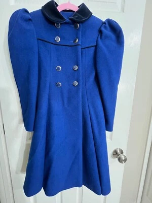 Abrigo largo de lana para niños F.W Fischer Designs EE. UU. de colección ribete de terciopelo azul talla 8 Foto 1 de 4