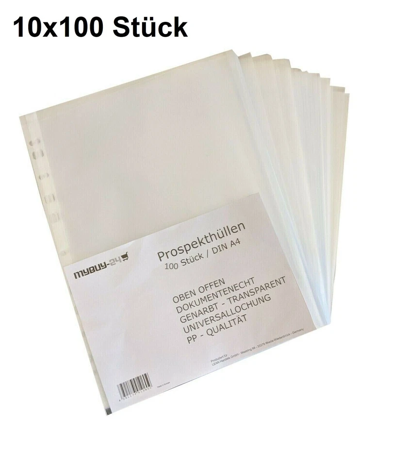1000 Prospekthüllen A4 Aktenhüllen Dokumentenhüllen Klarsichthüllen genarbt - Bild 1 von 4
