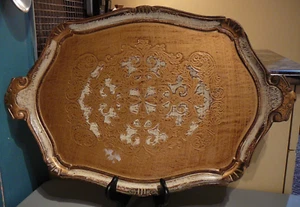 Vintage Large Florentine Serving Tray Cream & Gold Toleware 23" - Picture 1 of 12