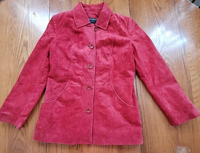 Chaqueta Blazer Bernardo Rojo Cereza Gamuza Cuero Mujer Pequeña Clásica Boho Western Foto 1 de 4