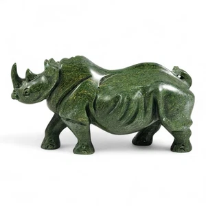 Hand Carved Green Stone Rhino Figurine Signed SP Safari Animal Vintage Sculpture - Picture 1 of 8