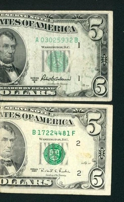 ((DUAS NOTAS)) US$ 5 1950/1995 Nota da Reserva Federal ** LEILÕES DE PAPEL MOEDA - Imagem 1 de 3