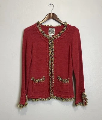 Vintage Curio Red Knit Multicoor Fringe Cardigan Jacket Size M Collarless - Image 1 of 4