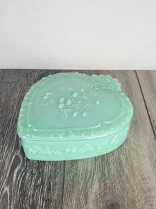 Jadeite Green Glass Heart Shaped Chocolate Candy Box with Strawberries - Picture 1 of 8