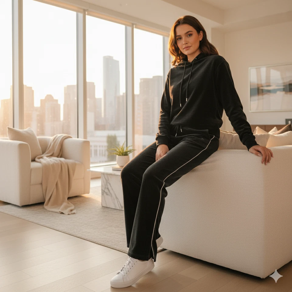 Pantalones deportivos Catalina Petite pequeños de terciopelo negro dorado rayas cintura elástica algodón Foto 1 de 4