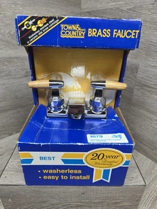 Rubinetto bagno lavabo vintage città e campagna ottone con maniglie in legno rovere NOS - Foto 1 di 16