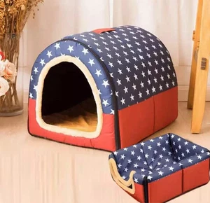 Pet Dog House Kennel Soft Igloo Bed Cave Cat Doggy Puppy Warm Cushion Fold M - Picture 1 of 3