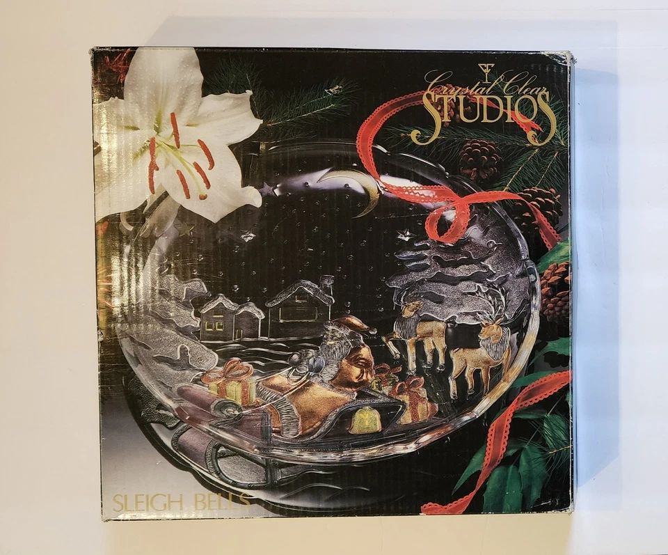 Vtg Crystal Clear Santa Sleigh Bells Christmas Glass Serving 14" Tray Platter