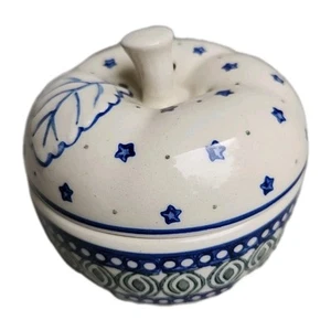  Polish Boleslavic Art Pottery Apple Baker Blue Leaf/Flower Pattern  - Picture 1 of 6