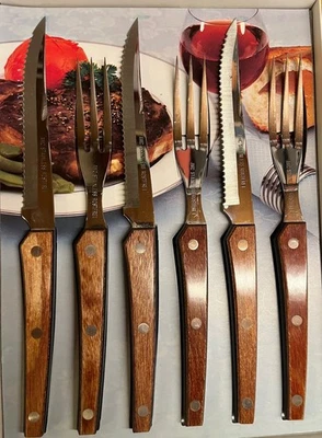 NEU / unbenutzt    AMC    Steakmesser & Gabeln (2 x 3 Stück) mit Pakkawoodgriff - Bild 1 von 4