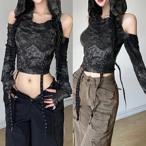 Alluring Slim Fit Offshoulder Hoodie Top Crafted from Polyester Fabric - Picture 1 of 9