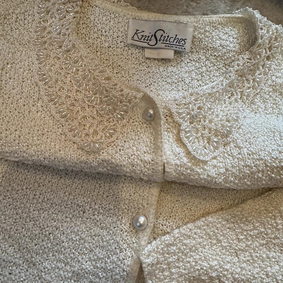 Vtg 80s Beaded Cardigan Sweater  Seed Pearl Buttons Peter Pan Flaws See Pic L - Image 1 of 4