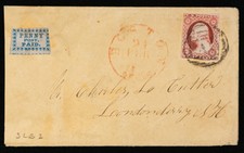 US Scott #3LB2 Boston Carrier Penny Post Paid and 3c #11 stamps on Cover to NH