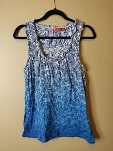ELLE women's S tank top blue & tan print scoop neck ruffle trim - Picture 1 of 7