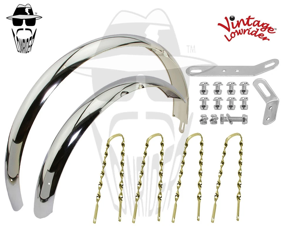 Juego de guardabarros vintage Lowrider 26" clásico ajustable globo cromado tirantes estilo trenzado. Foto 1 de 1