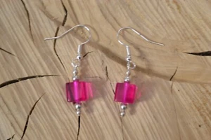 Hot Pink Glass Cube Bead Drop Earrings Pierced Handmade - Picture 1 of 6