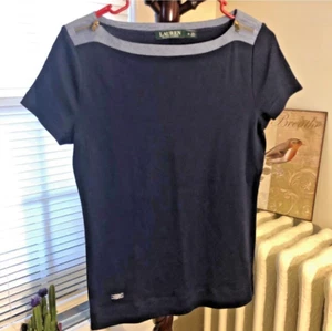 Ralph Lauren Navy Women's Size Medium Shirt Blouse Zippers Scoop Boat Neck Top - Picture 1 of 7