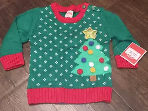 NWT Holiday Time Boy Girl Toddler Green Christmas Tree Star Sweater Sz 12 Month - Picture 1 of 7