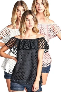 Cotton Bleu Eyelet Off Shoulder Blusen S M L Blush Weiß Schwarz Relaxed Fit NEU - Bild 1 von 8