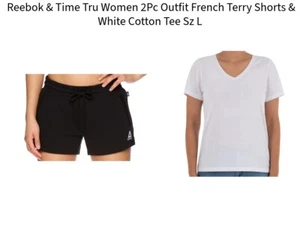 Reebok & Time Tru Women 2Pc Outfit French Terry Shorts & White Cotton Tee Sz L - Picture 1 of 9