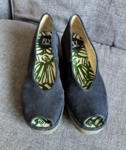 Fly London Ladies Shoes 5 38 Navy Wedge Court Peep Toes smart Casual Work - Picture 1 of 6
