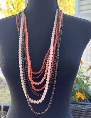 Collar Cara NY 36" Largo Capas Cuentas Rosa Naranja Cobre Distintivo NUEVO Foto 1 de 4