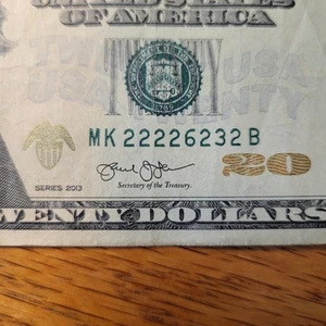 US Currency Fancy Serial Number 20 Dollar Trinary Note Circulated 22226232 - Picture 1 of 3