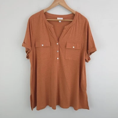 Camiseta túnica J. Jill para mujer mezcla de lino manga corta bolsillo naranja quemado talla XL  Foto 1 de 4