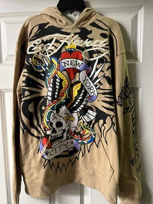 NWT Ed Hardy Tan New York City Skull Hooded Sweatshirt Size M Medium - Image 1 of 4