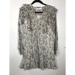 Anine Bing Floral Ruffle Cotton Long Sleeve Short Dress Capsule Neutral V Neck - Picture 1 of 8