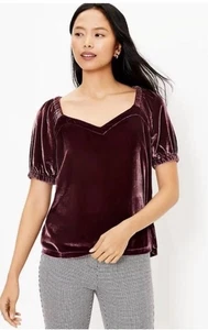 LOFT Sweetheart Velvet Puff Sleeve Top Dark Pink Size Petite Small Fairy Ballet - Picture 1 of 6