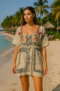 Johnny Was Tunic Top Boho Size Large Danny Light Blue Embroidered Sheer - Picture 1 of 7