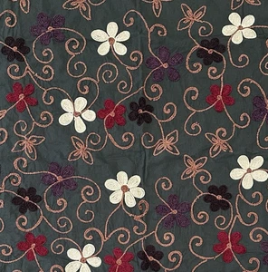 Vtg Crewel Embroidered Floral Vine Fabric Green Eggplant Brown 1 Yard x43" READ - Picture 1 of 6