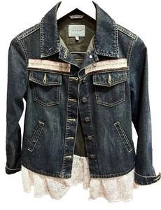 Jigsaw Vintage Denim Jacket UpCycled Lace Trimming Size 8 EU 34 Unique Stunning - Bild 1 von 16