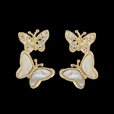 925 Sterling Silver Sapphire Shell Butterfly 1'' Earrings Gemstone Gold-Plated - Image 1 of 2