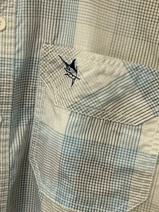 GUY HARVEY Cotton Blend Men’s Shirt Fish Beach Long SL Blue Check SZ Large - Picture 1 of 9