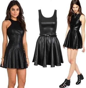 Womens Sleeveless PVC Wet Look Belted Mini Dress Shinny Flared Skater Dress - Picture 1 of 3