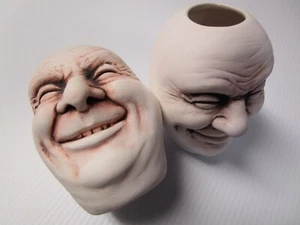 (2) VTG 90's NOS Creepy Faces Head Neck planters pottery clay bottle pots spooky - Picture 1 of 6