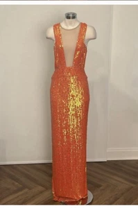 NICOLE MILLER COLLECTION ORANGE SEQUIN / NUDE FORMAL GOWN DRESS Sz 4 CQ10003 - Picture 1 of 13