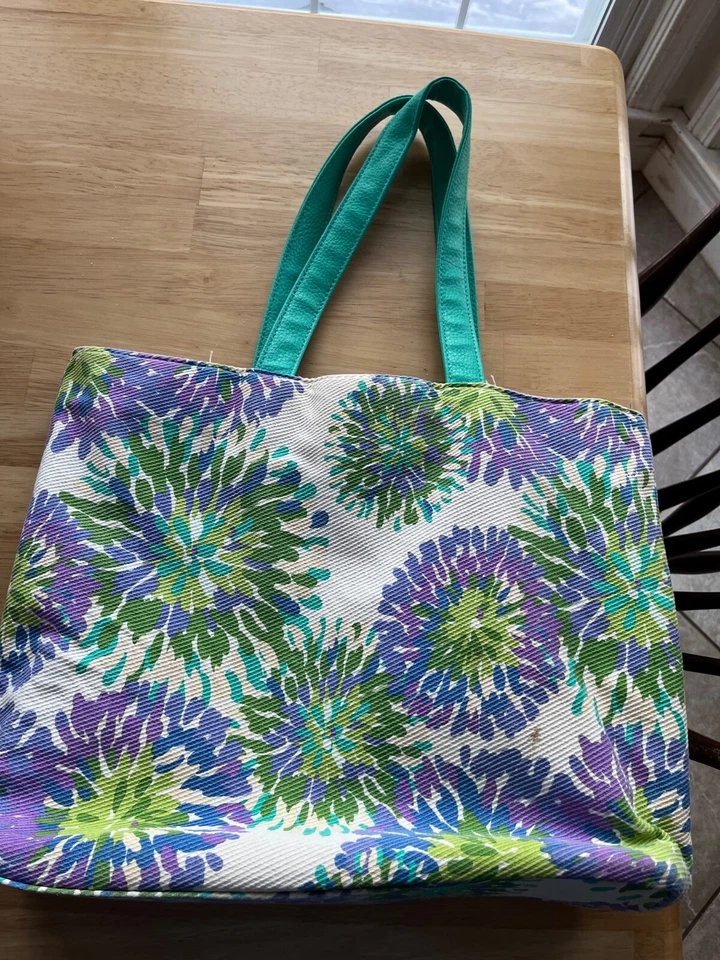 Bath & Body Works сумка с короткими ручками холст цветочный сумка бисер фиолетовый зеленый EUC тяжелая обязанность редкая - Изображение 1 из 4