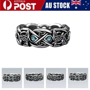 Unisex Vintage Nordic Viking Trinity Celtic Knot Wolf Rhinestone Plated Ring - Picture 1 of 6