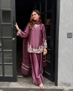 New Latest Natural Crepe Silk Salwar Kameez With Net Dupatta For Function - Picture 1 of 9