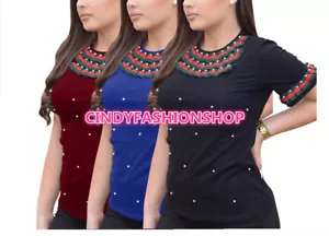 Moda Mujer Manga Corta Raya Perla Beading Camiseta Casual Verano Tops #T - Imagen 1 de 3