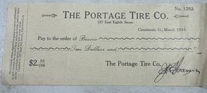 1918 Portage Tire Co. Cincinnati Ohio Signed Check Antique Automotive Ephemera - Picture 1 of 7